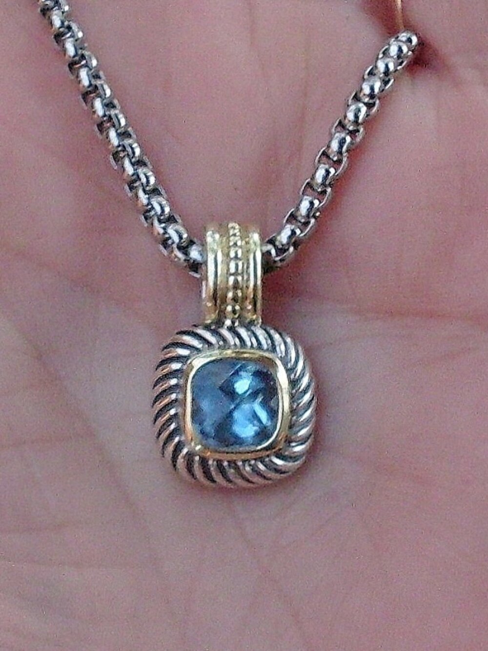 Retired David Yurman Albion Blue Topaz Enhancer Pendant w/Chain - 14K/925